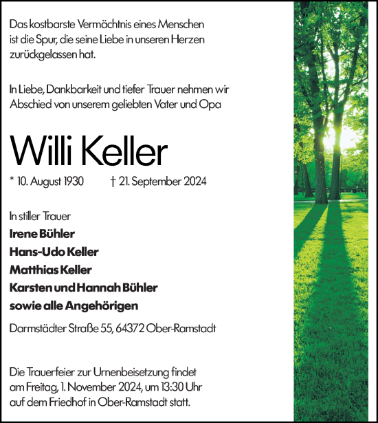 Traueranzeige von Willi Keller von Darmstädter Echo