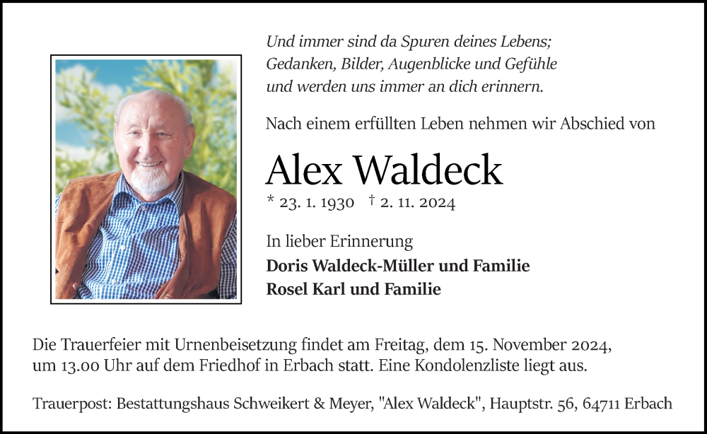  Traueranzeige für Alex Waldeck vom 09.11.2024 aus Odenwälder Echo