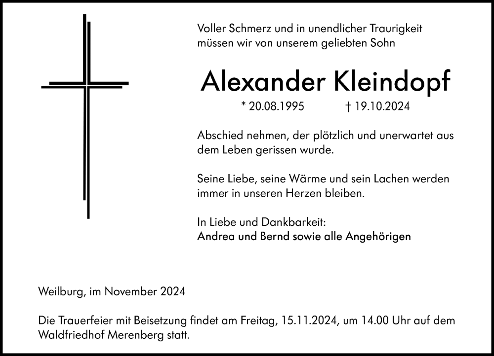  Traueranzeige für Alexander Kleindopf vom 09.11.2024 aus Weilburger Tageblatt