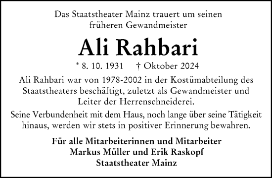 Traueranzeige von Ali Rahbari von Allgemeine Zeitung Mainz