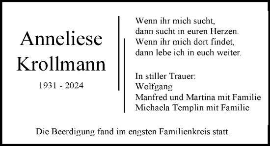 Traueranzeige von Anneliese Krollmann von Allgemeine Zeitung Mainz