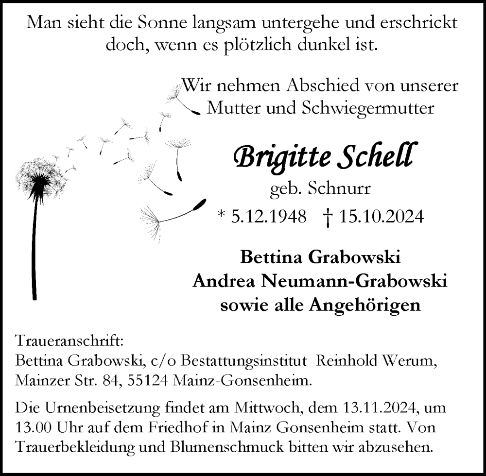  Traueranzeige für Brigitte Schell vom 09.11.2024 aus Allgemeine Zeitung Mainz
