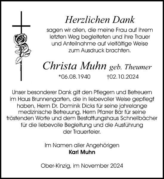 Traueranzeige von Christa Muhn von Odenwälder Echo