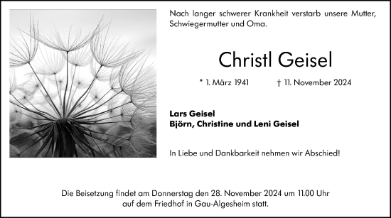 Traueranzeigen von Christl Geisel | www.vrm-trauer.de