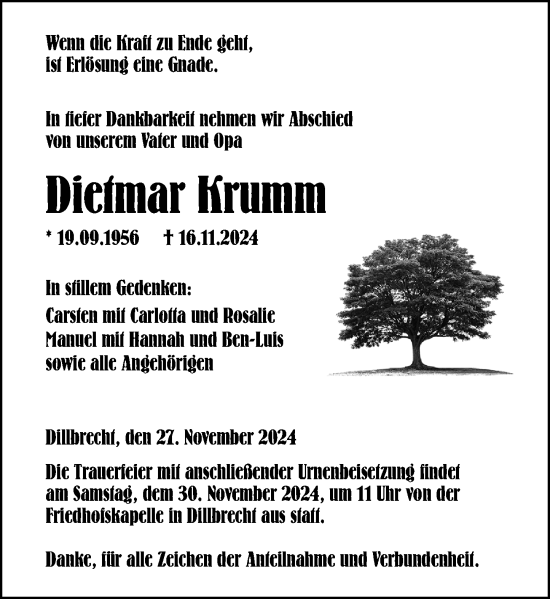 Traueranzeige von Dietmar Krumm von Dill Block