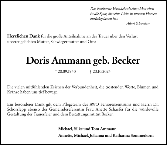 Traueranzeige von Doris Ammann von Allgemeine Zeitung Mainz