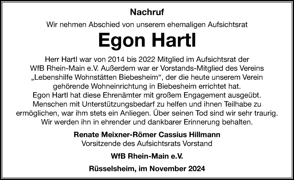  Traueranzeige für Egon Hartl vom 23.11.2024 aus Rüsselsheimer Echo