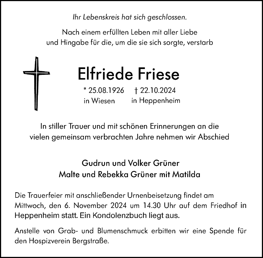  Traueranzeige für Elfriede Friese vom 02.11.2024 aus Starkenburger Echo