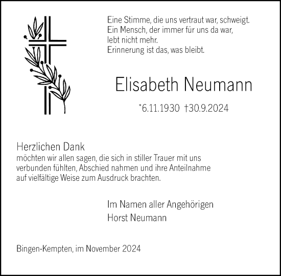 Traueranzeige von Elisabeth Neumann von Allgemeine Zeitung Rheinhessen-Nahe