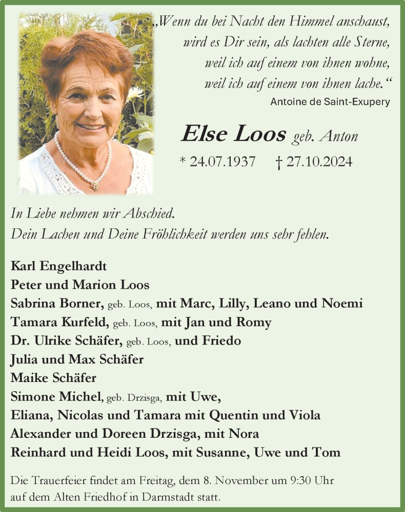  Traueranzeige für Else Loos vom 02.11.2024 aus Darmstädter Echo