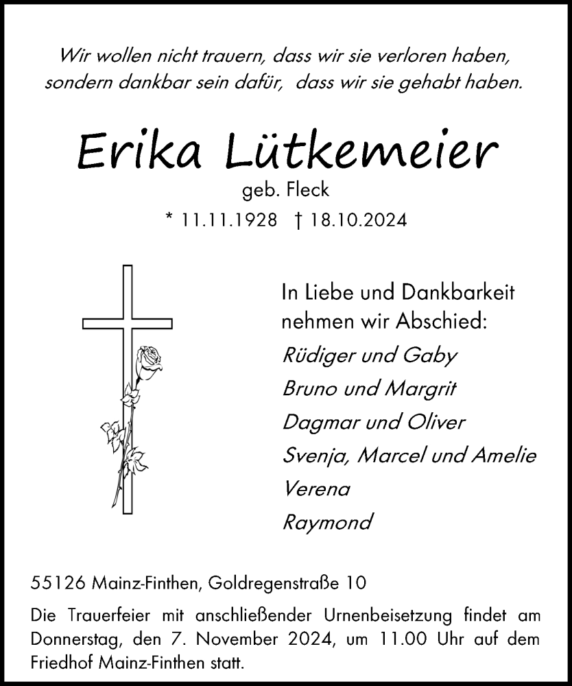  Traueranzeige für Erika Lütkemeier vom 02.11.2024 aus Allgemeine Zeitung Mainz