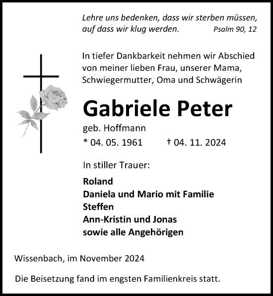 Traueranzeige von Gabriele Peter von Dill Block