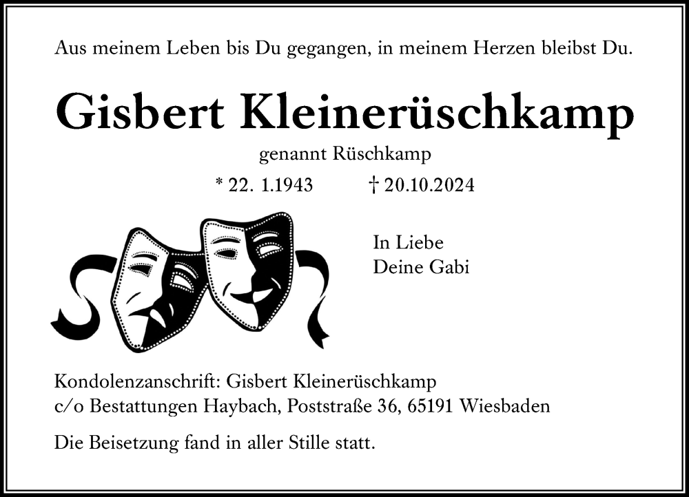  Traueranzeige für Gisbert Kleinerüschkamp vom 02.11.2024 aus Wiesbadener Kurier