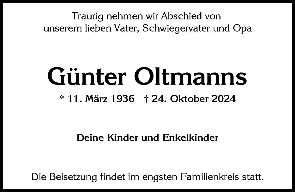 Traueranzeige für Günter Oltmanns vom 02.11.2024 aus Wiesbadener Kurier
