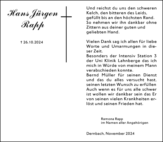 Traueranzeige von Hans Jürgen Rapp von Hinterländer Anzeiger