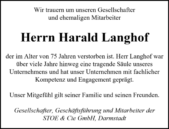 Traueranzeige von Harald Langhof von Darmstädter Echo