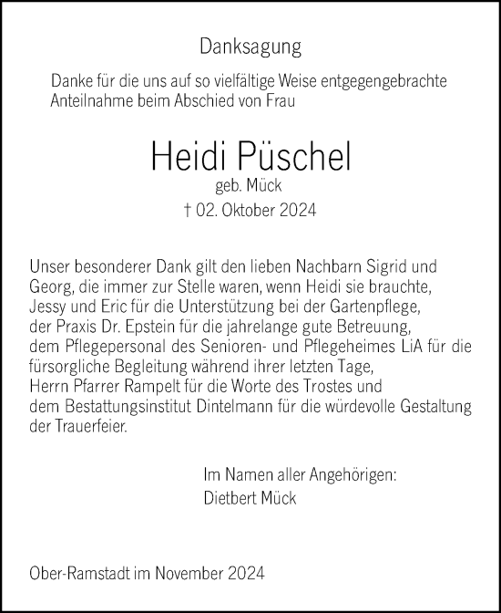 Traueranzeige von Heidi Püschel von Darmstädter Echo