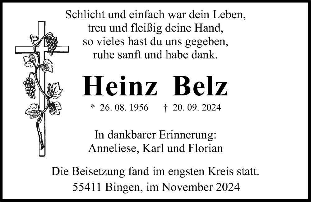  Traueranzeige für Heinz Belz vom 09.11.2024 aus Binger-/Ingelheimer Wochenblatt