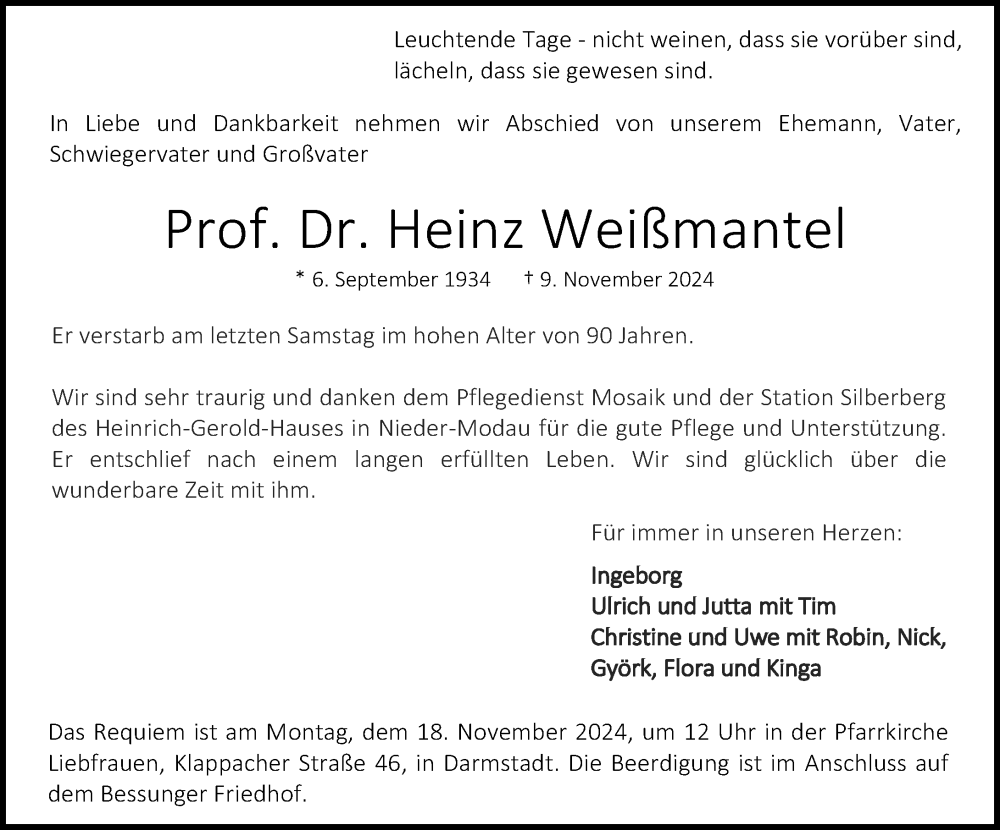  Traueranzeige für Heinz Weißmantel vom 13.11.2024 aus Darmstädter Echo