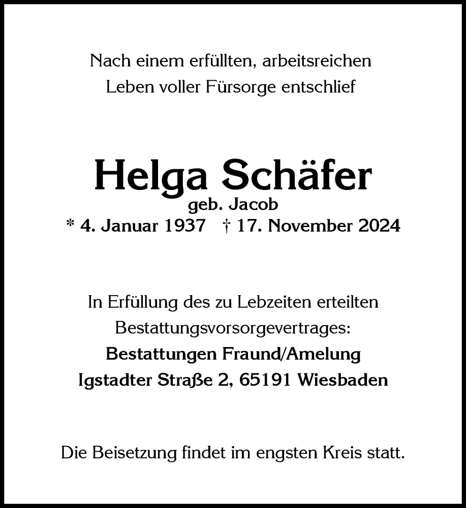  Traueranzeige für Helga Schäfer vom 23.11.2024 aus Wiesbadener Kurier