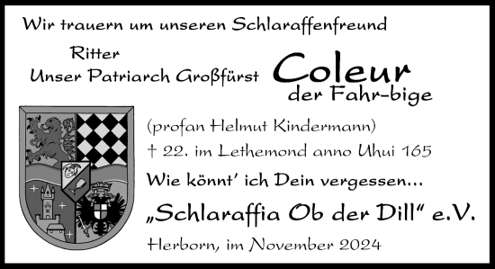 Traueranzeige von Helmut Kindermann von Dill Block