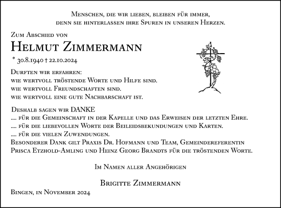 Traueranzeige von Helmut Zimmermann von Allgemeine Zeitung Rheinhessen-Nahe