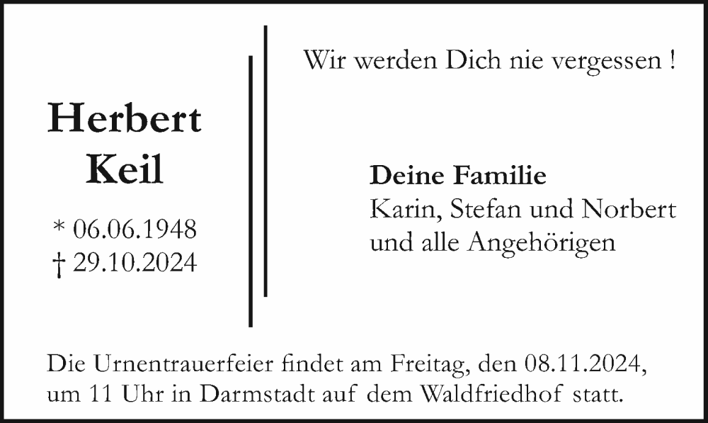  Traueranzeige für Herbert Keil vom 02.11.2024 aus Darmstädter Echo