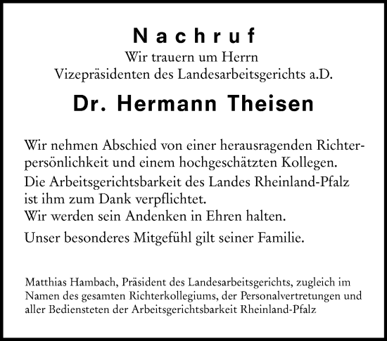 Traueranzeige von Hermann Theisen von Allgemeine Zeitung Mainz