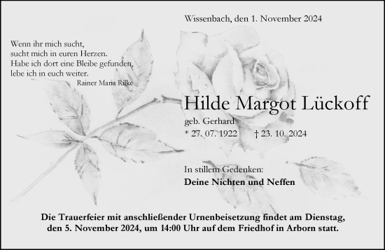 Traueranzeige von Hilde Margot Lückoff von Dill Block