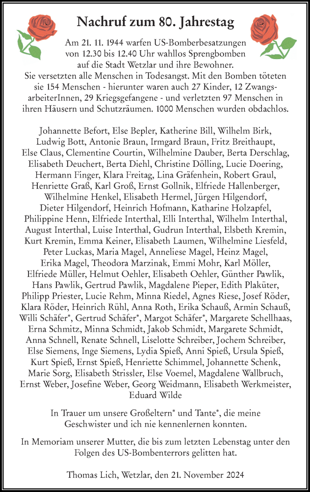  Traueranzeige für In Gedenken vom 23.11.2024 aus Wetzlarer Neue Zeitung