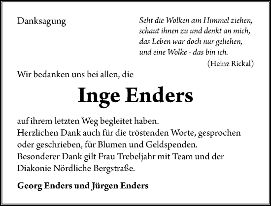 Traueranzeige von Inge Enders von Darmstädter Echo