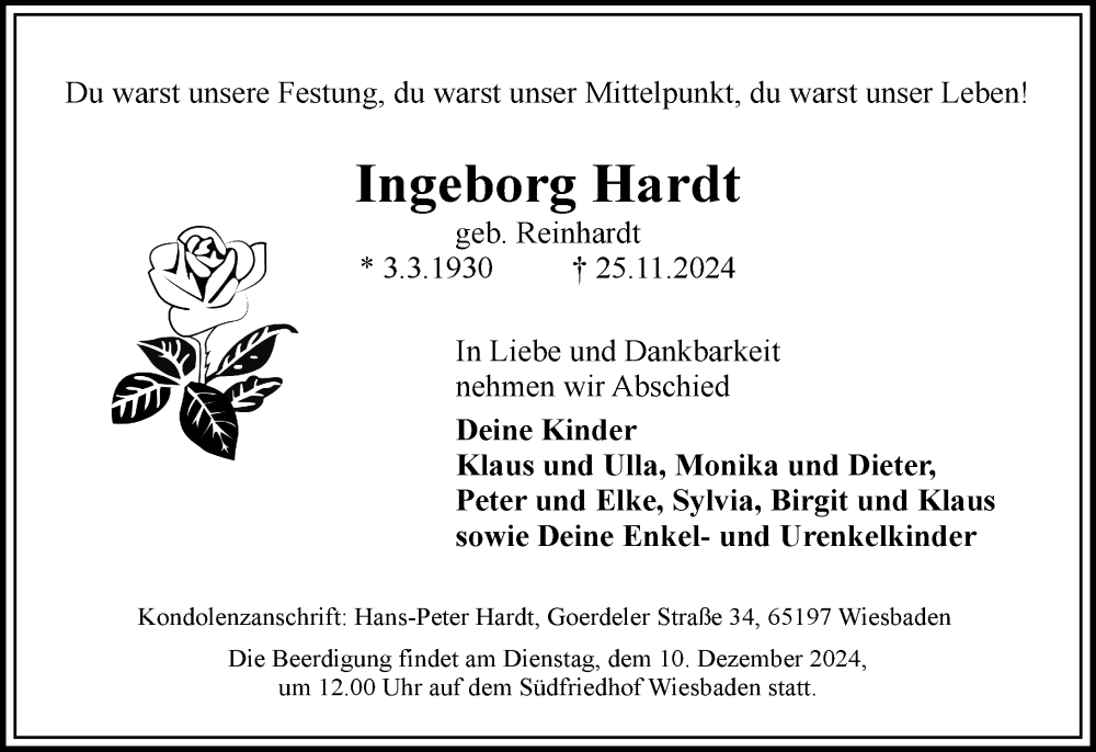  Traueranzeige für Ingeborg Hardt vom 30.11.2024 aus Wiesbadener Kurier
