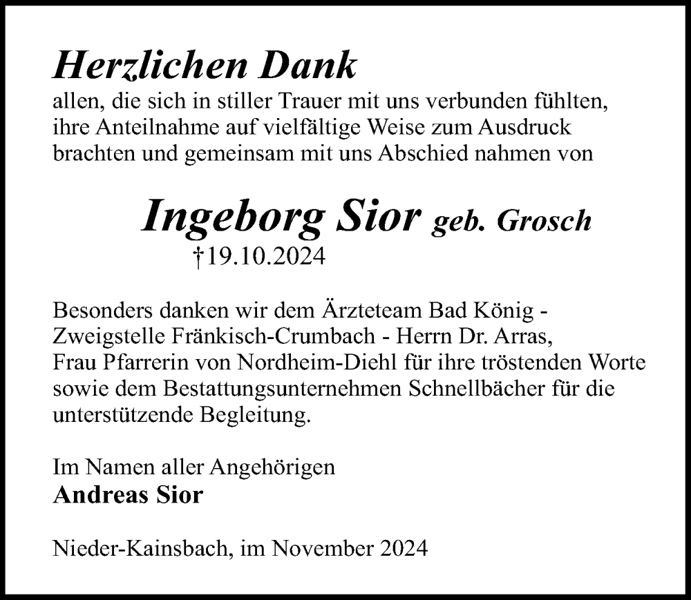  Traueranzeige für Ingeborg Sior vom 16.11.2024 aus Odenwälder Echo