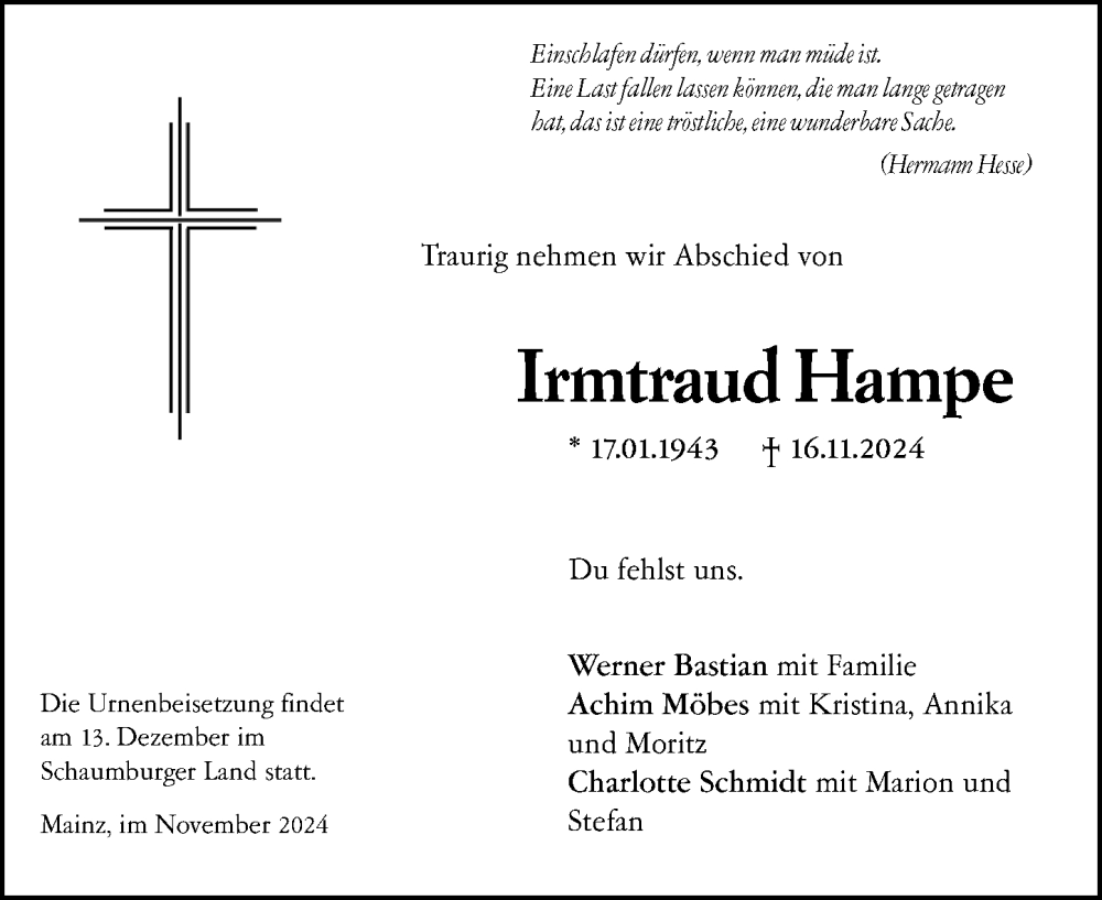  Traueranzeige für Irmtraud Hampe vom 25.11.2024 aus Allgemeine Zeitung Mainz