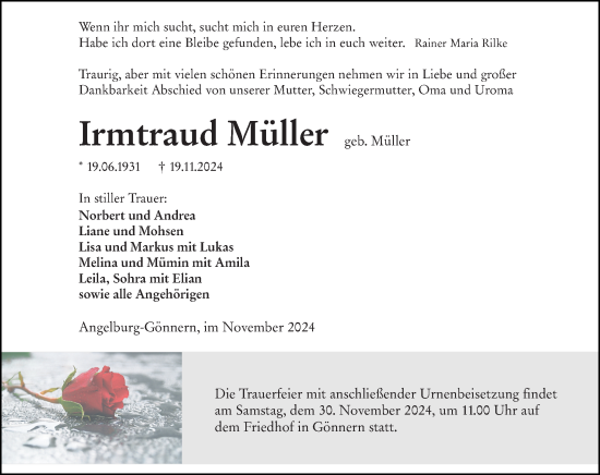 Traueranzeige von Irmtraud Müller von Hinterländer Anzeiger