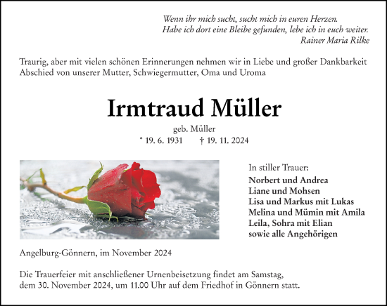 Traueranzeige von Irmtraud Müller von Hinterländer Anzeiger