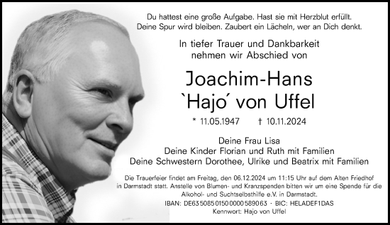 Traueranzeige von Joachim-Hans von Uffel von Darmstädter Echo