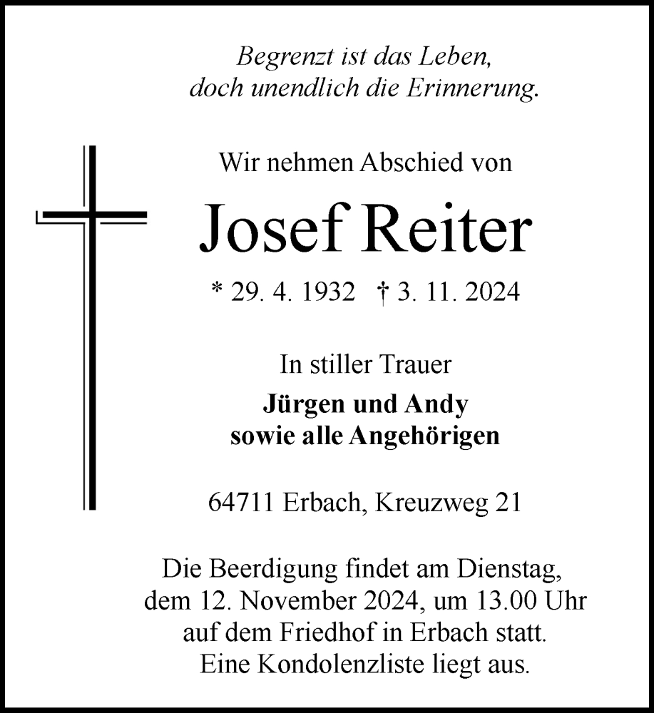  Traueranzeige für Josef Reiter vom 06.11.2024 aus Odenwälder Echo