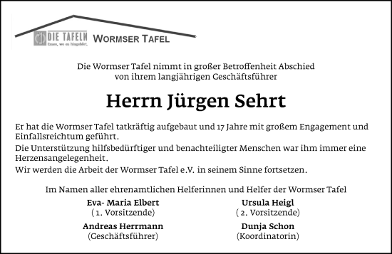 Traueranzeige von Jürgen Sehrt von Wormser Zeitung