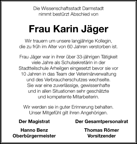 Traueranzeige von Karin Jäger von Darmstädter Echo
