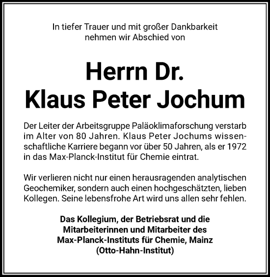 Traueranzeige von Klaus Peter Jochum von Allgemeine Zeitung Mainz