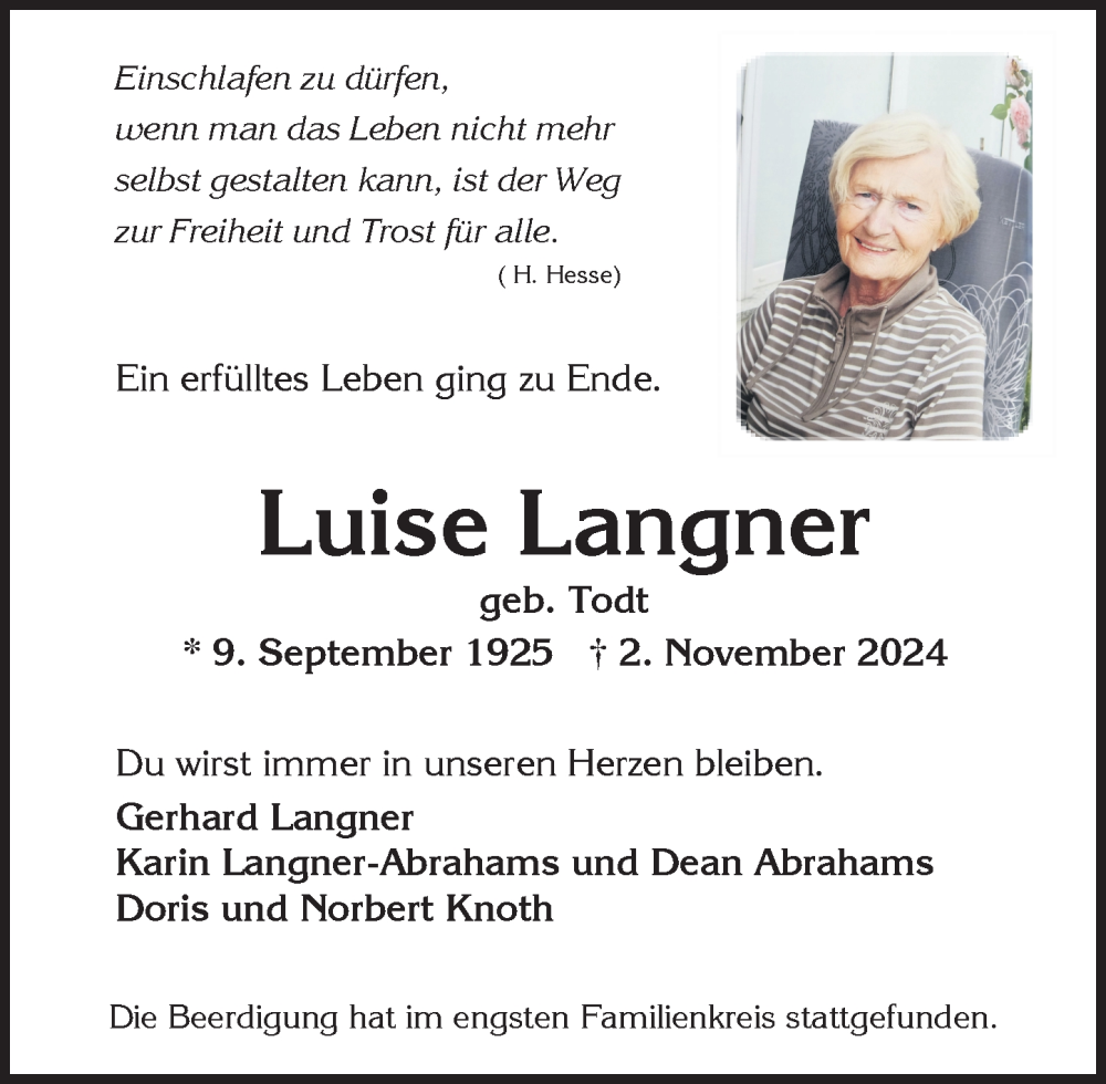  Traueranzeige für Luise Langner vom 23.11.2024 aus Wiesbadener Kurier