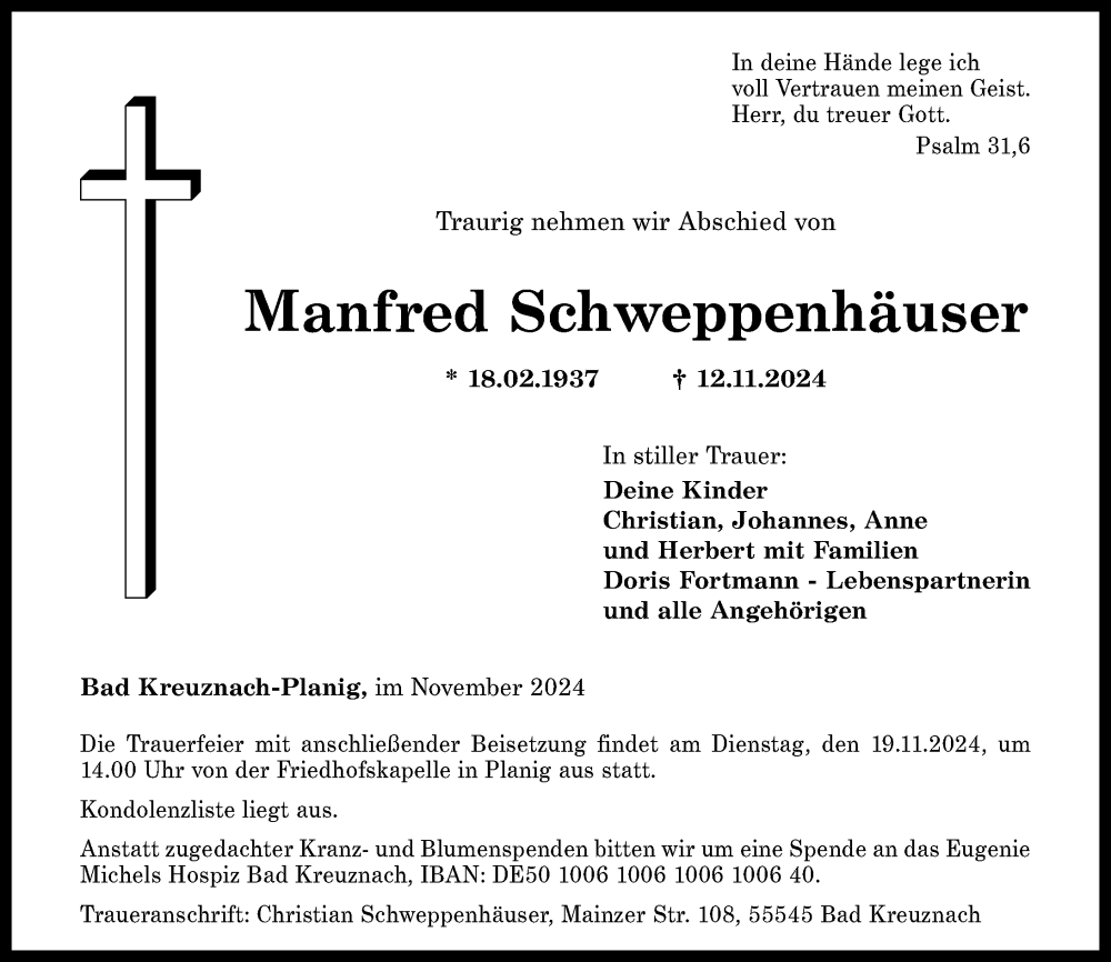  Traueranzeige für Manfred Schweppenhäuser vom 15.11.2024 aus Allgemeine Zeitung Rheinhessen-Nahe