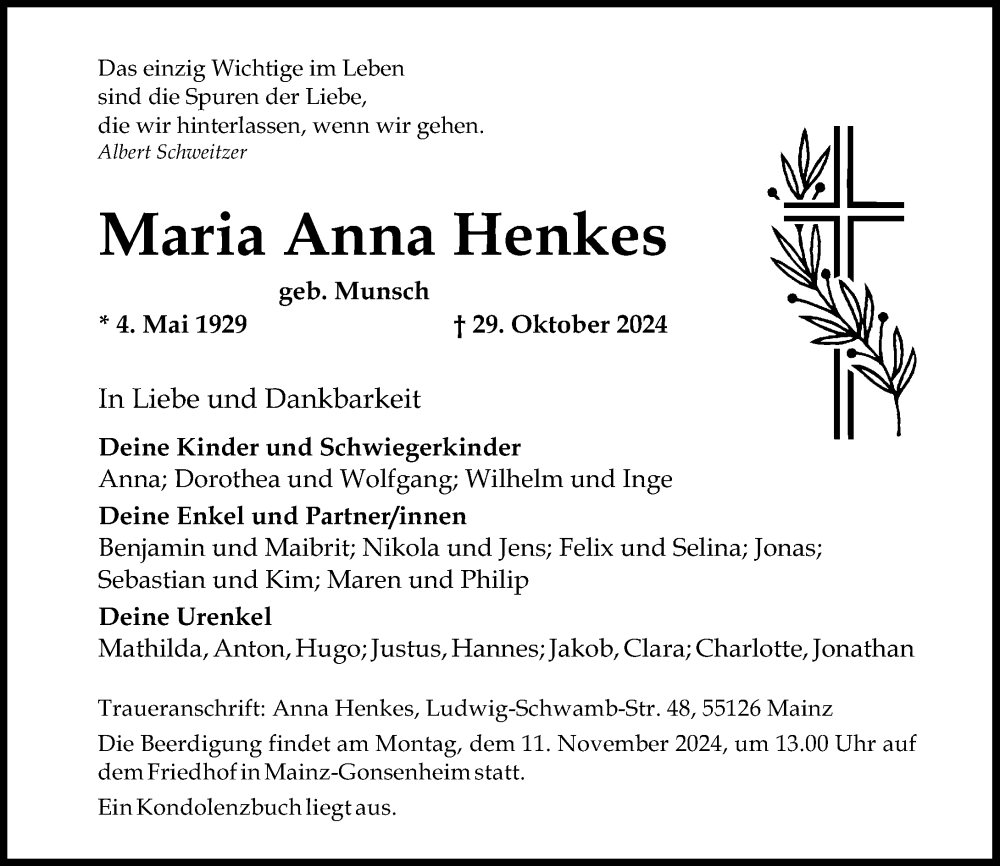  Traueranzeige für Maria Anna Henkes vom 09.11.2024 aus Allgemeine Zeitung Mainz