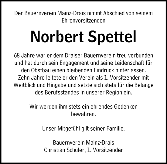 Traueranzeige von Norbert Spettel von Allgemeine Zeitung Mainz