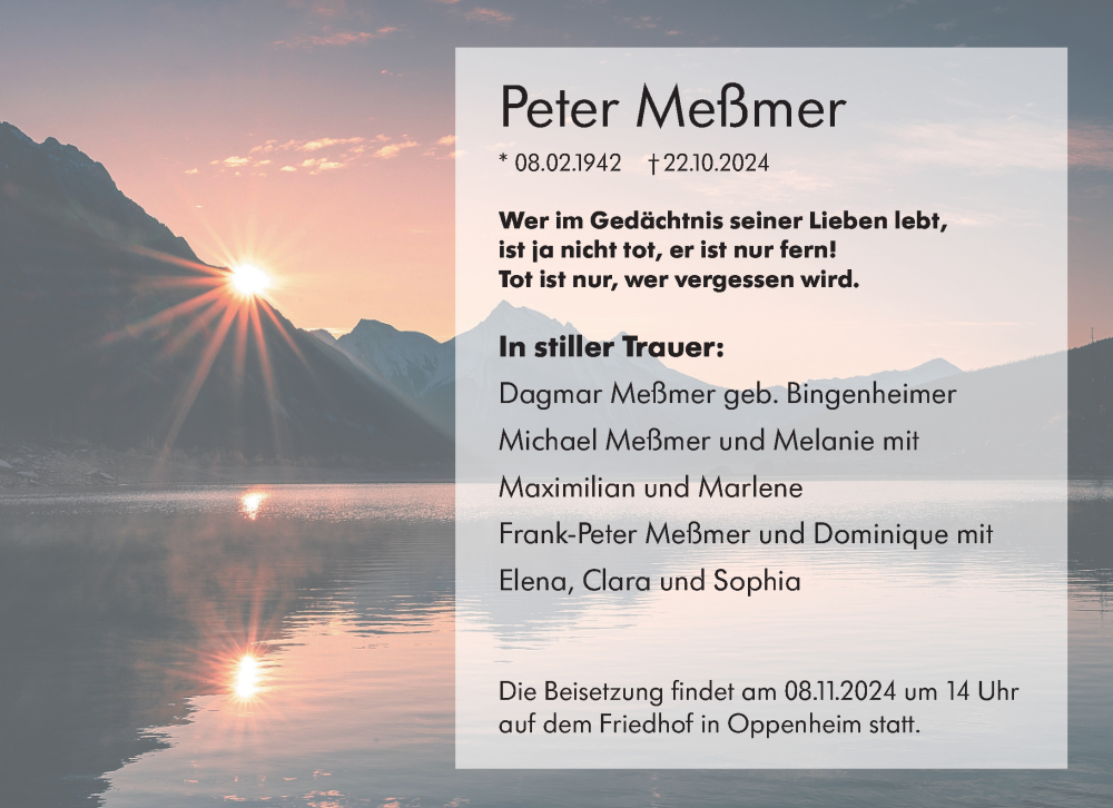  Traueranzeige für Peter Meßmer vom 02.11.2024 aus Allgemeine Zeitung Mainz