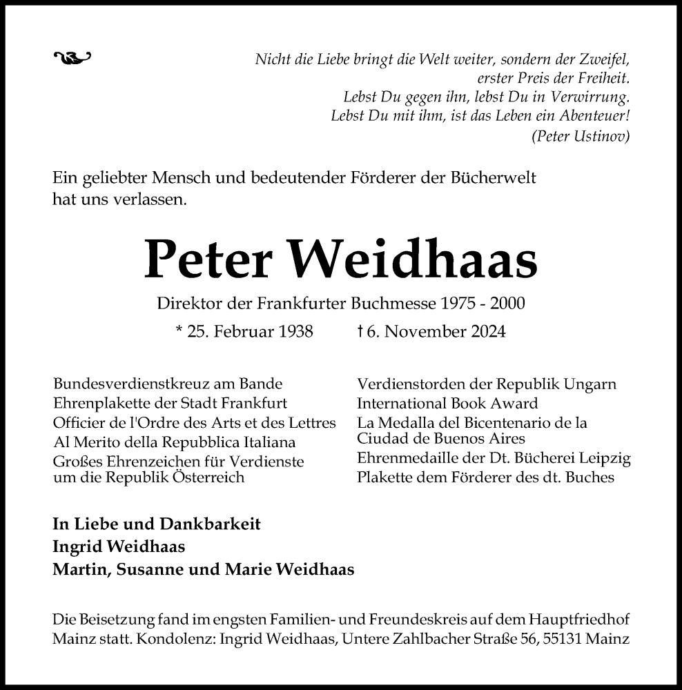  Traueranzeige für Peter Weidhaas vom 23.11.2024 aus Allgemeine Zeitung Mainz