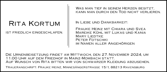 Traueranzeige von Rita Kortum von Allgemeine Zeitung Mainz