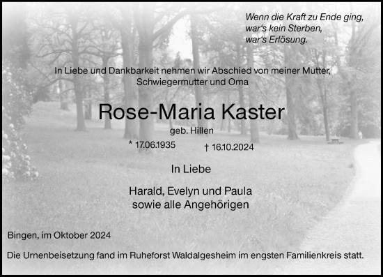 Traueranzeige von Rose-Maria Kaster von Allgemeine Zeitung Rheinhessen-Nahe