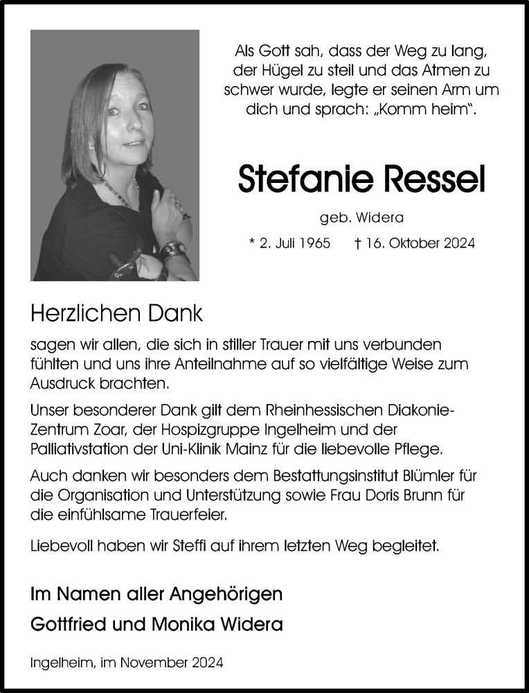  Traueranzeige für Stefanie Ressel vom 09.11.2024 aus Allgemeine Zeitung Rheinhessen-Nahe